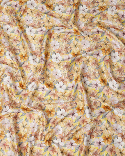Pastel Yellow Floral Printed Cotton Satin Fabric 110 Cms Made In India-D27389 Regal Fabrics