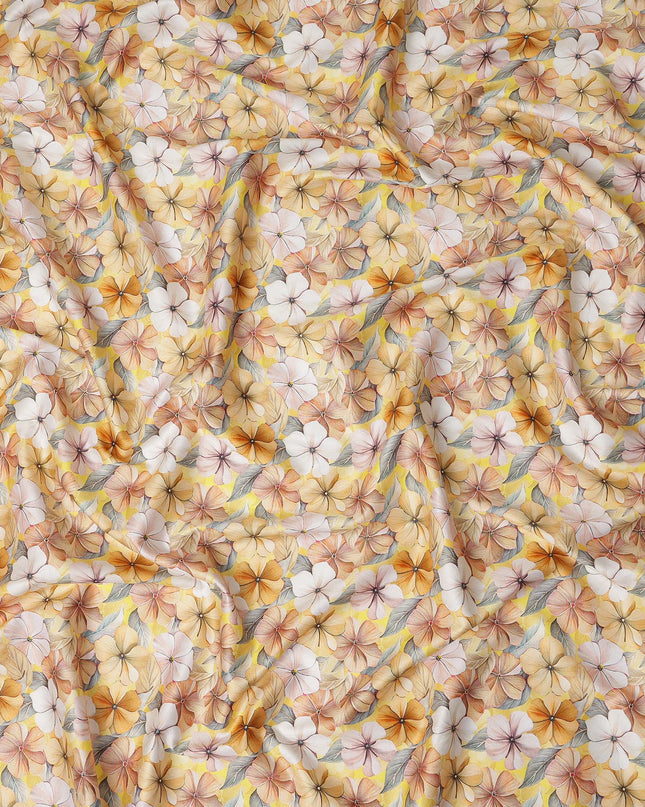 Pastel Yellow Floral Printed Cotton Satin Fabric 110 Cms Made In India-D27389