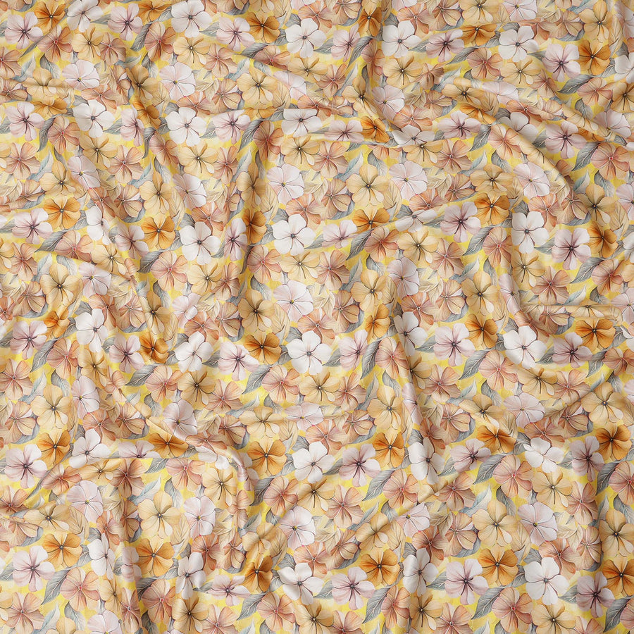 Pastel Yellow Floral Printed Cotton Satin Fabric 110 Cms Made In India-D27389 Regal Fabrics