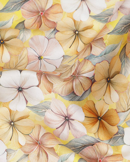 Pastel Yellow Floral Printed Cotton Satin Fabric 110 Cms Made In India-D27389 Regal Fabrics