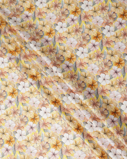 Pastel Yellow Floral Printed Cotton Satin Fabric 110 Cms Made In India-D27389 Regal Fabrics