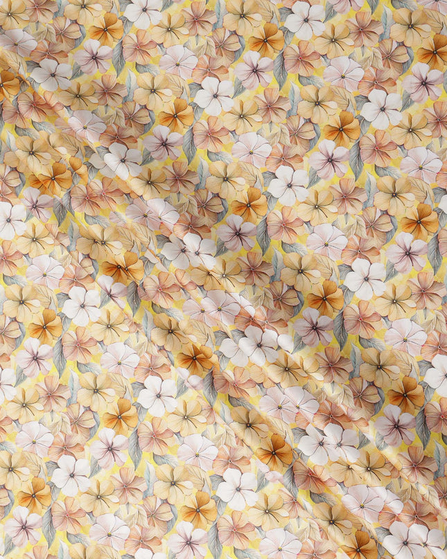 Pastel Yellow Floral Printed Cotton Satin Fabric 110 Cms Made In India-D27389