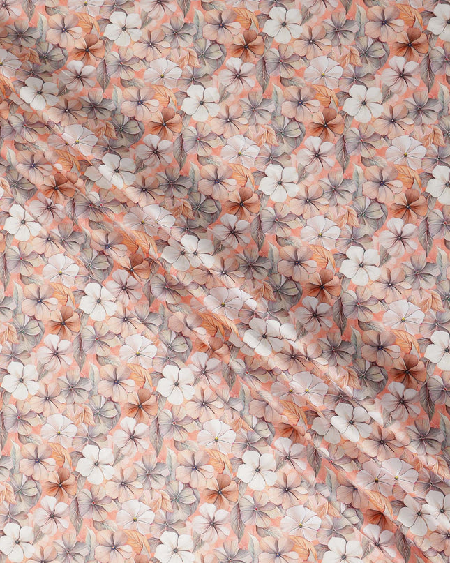 Peach Blush Floral Printed Cotton Satin Fabric 110 Cms Made In India-D27391