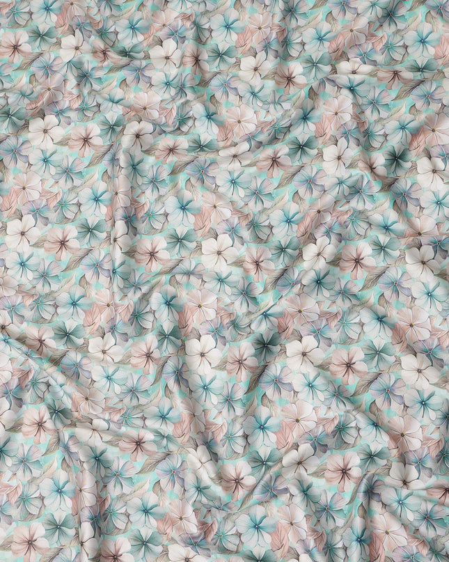 Aqua Mint Pastel Floral Printed Cotton Satin Fabric 110 Cms Made In India-D27386
