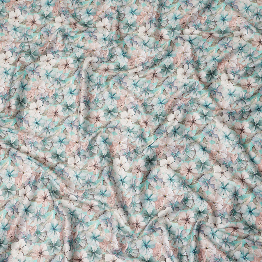 Aqua Mint Pastel Floral Printed Cotton Satin Fabric 110 Cms Made In India-D27386 Regal Fabrics