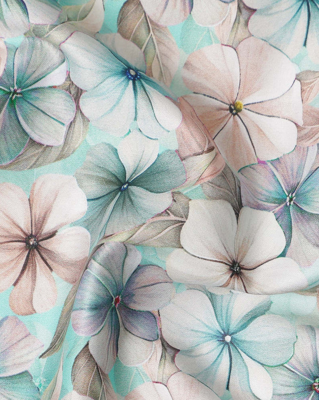 Aqua Mint Pastel Floral Printed Cotton Satin Fabric 110 Cms Made In India-D27386