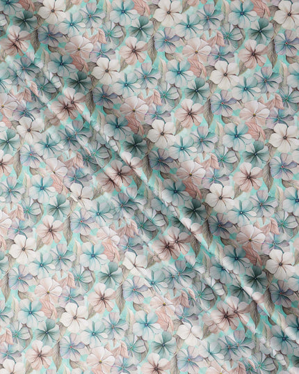Aqua Mint Pastel Floral Printed Cotton Satin Fabric 110 Cms Made In India-D27386 Regal Fabrics