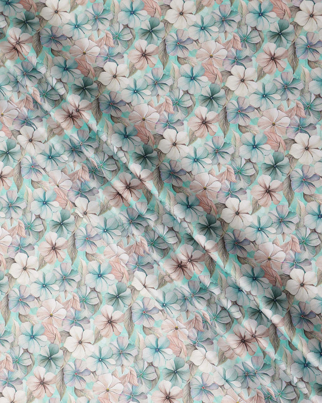 Aqua Mint Pastel Floral Printed Cotton Satin Fabric 110 Cms Made In India-D27386