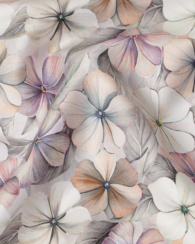 Ivory Pastel Floral Printed Cotton Satin Fabric 110 Cms Made In India-D27385