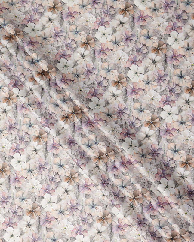 Ivory Pastel Floral Printed Cotton Satin Fabric 110 Cms Made In India-D27385
