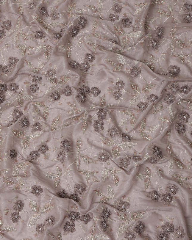 Dusty Mauve Floral Embroidered Sequin Work Synthetic Organza Fabric, 110 cm Width, Made in India-D26652