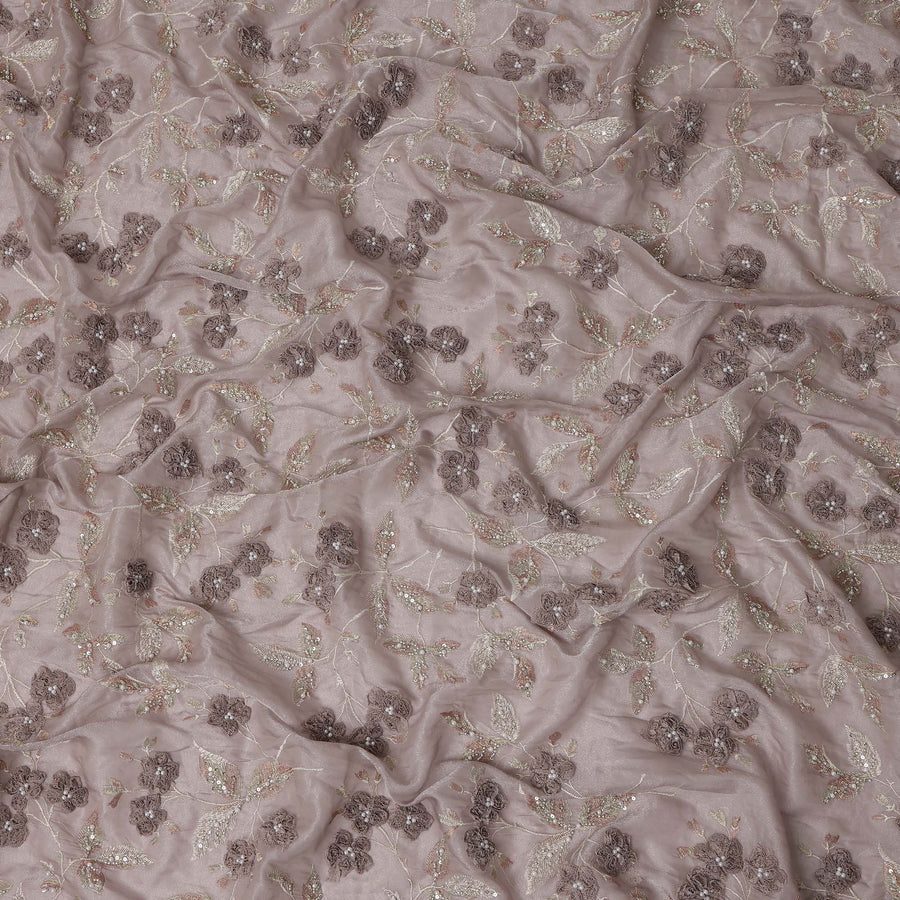 Dusty Mauve Floral Embroidered Sequin Work Synthetic Organza Fabric, 110 cm Width, Made in India-D26652