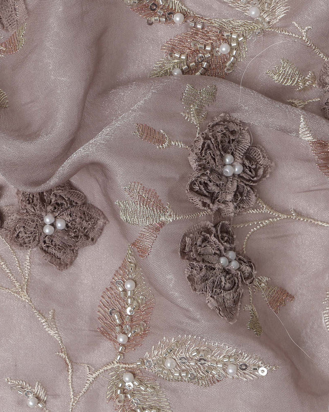 Dusty Mauve Floral Embroidered Sequin Work Synthetic Organza Fabric, 110 cm Width, Made in India-D26652
