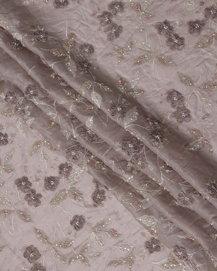 Dusty Mauve Floral Embroidered Sequin Work Synthetic Organza Fabric, 110 cm Width, Made in India-D26652