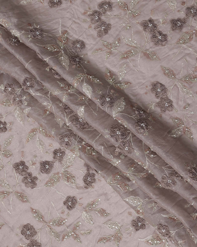 Dusty Mauve Floral Embroidered Sequin Work Synthetic Organza Fabric, 110 cm Width, Made in India-D26652