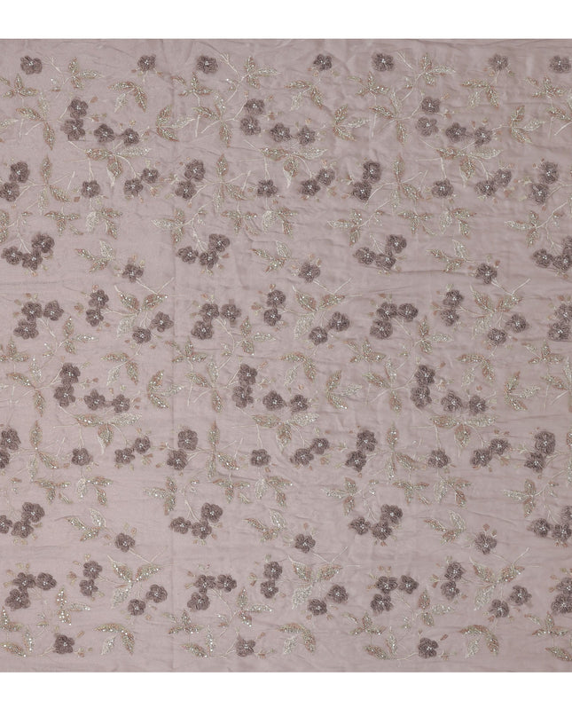 Dusty Mauve Floral Embroidered Sequin Work Synthetic Organza Fabric, 110 cm Width, Made in India-D26652