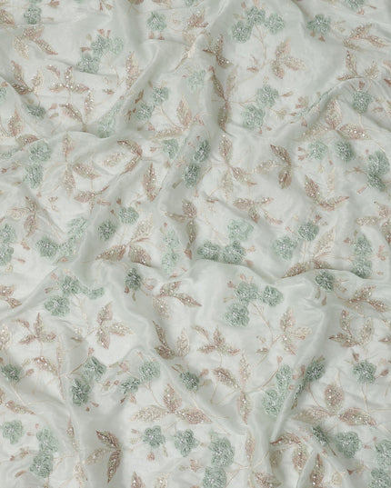 Mint Green and Champagne Floral Embroidered Sequin Work Synthetic Organza Fabric, 110 cm Width, Made in India-D26653