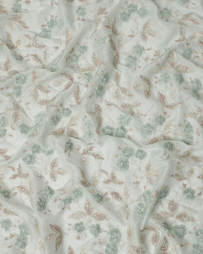 Mint Green and Champagne Floral Embroidered Sequin Work Synthetic Organza Fabric, 110 cm Width, Made in India-D26653