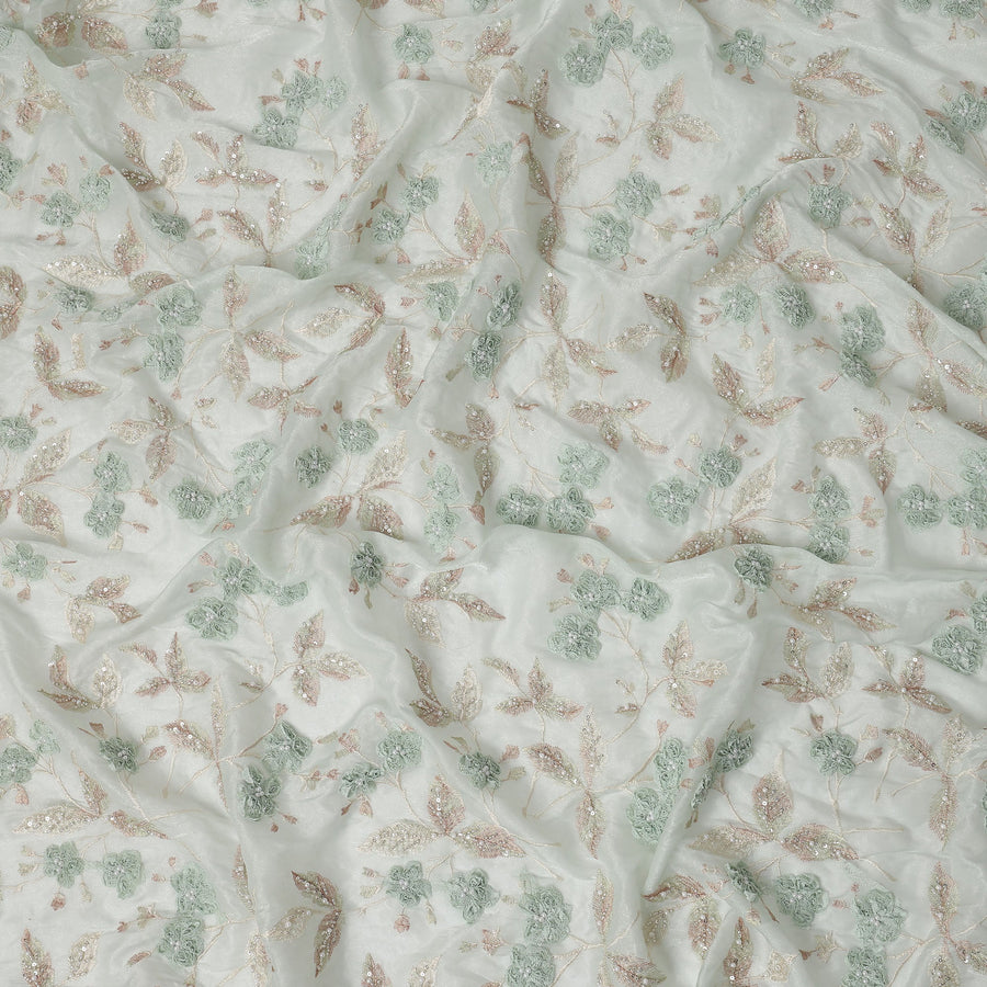 Mint Green and Champagne Floral Embroidered Sequin Work Synthetic Organza Fabric, 110 cm Width, Made in India-D26653