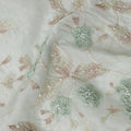 Mint Green and Champagne Floral Embroidered Sequin Work Synthetic Organza Fabric, 110 cm Width, Made in India-D26653