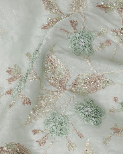 Mint Green and Champagne Floral Embroidered Sequin Work Synthetic Organza Fabric, 110 cm Width, Made in India-D26653