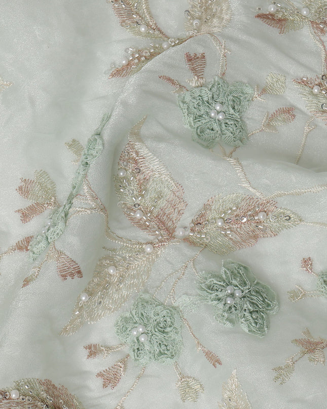 Mint Green and Champagne Floral Embroidered Sequin Work Synthetic Organza Fabric, 110 cm Width, Made in India-D26653