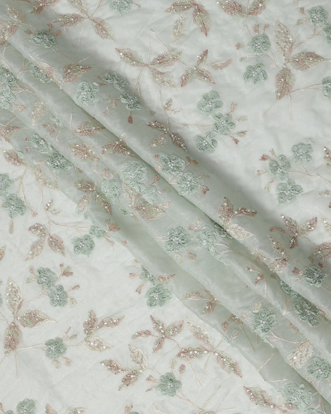 Mint Green and Champagne Floral Embroidered Sequin Work Synthetic Organza Fabric, 110 cm Width, Made in India-D26653