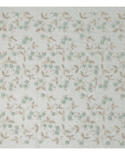 Mint Green and Champagne Floral Embroidered Sequin Work Synthetic Organza Fabric, 110 cm Width, Made in India-D26653