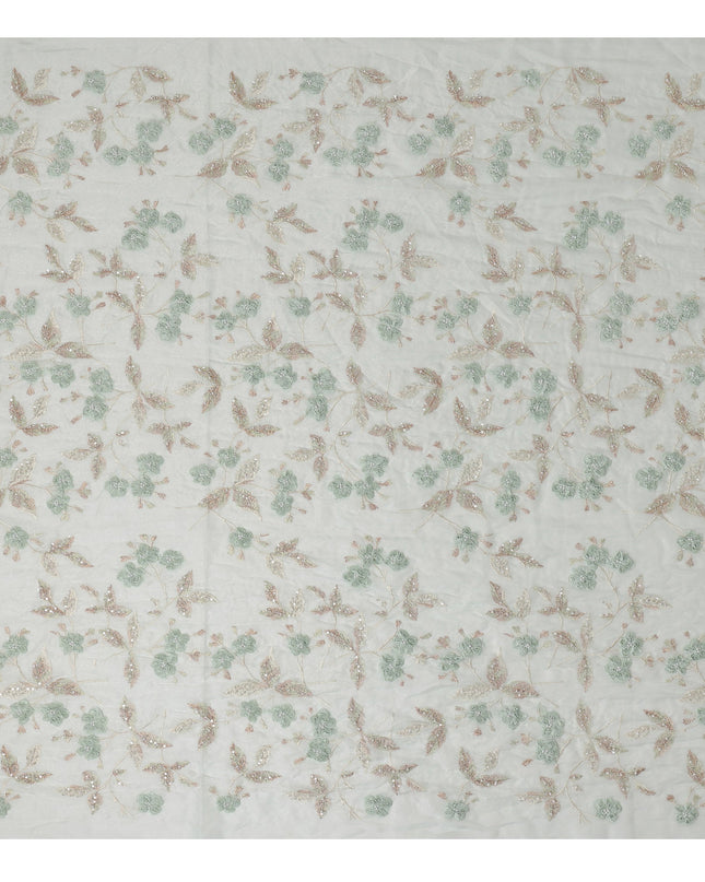 Mint Green and Champagne Floral Embroidered Sequin Work Synthetic Organza Fabric, 110 cm Width, Made in India-D26653