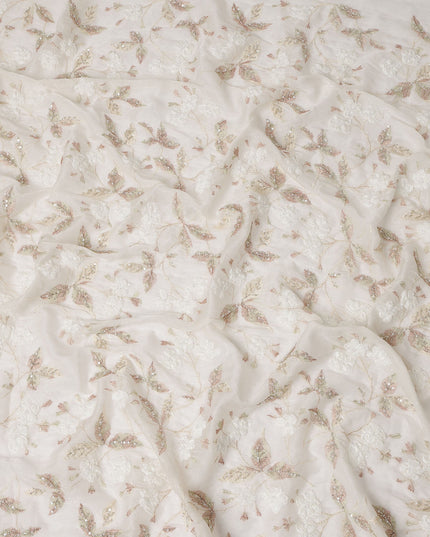 Ivory Pearl and Sequin Floral Embroidered Synthetic Organza Fabric, 110 cm Width, Made in India-D26655