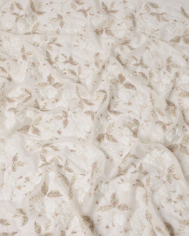 Ivory Pearl and Sequin Floral Embroidered Synthetic Organza Fabric, 110 cm Width, Made in India-D26655