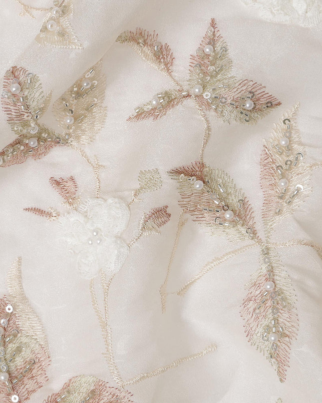 Ivory Pearl and Sequin Floral Embroidered Synthetic Organza Fabric, 110 cm Width, Made in India-D26655