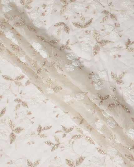 Ivory Pearl and Sequin Floral Embroidered Synthetic Organza Fabric, 110 cm Width, Made in India-D26655