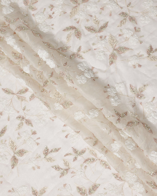 Ivory Pearl and Sequin Floral Embroidered Synthetic Organza Fabric, 110 cm Width, Made in India-D26655
