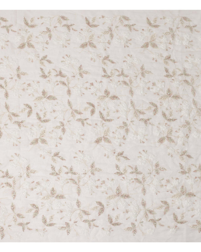 Ivory Pearl and Sequin Floral Embroidered Synthetic Organza Fabric, 110 cm Width, Made in India-D26655