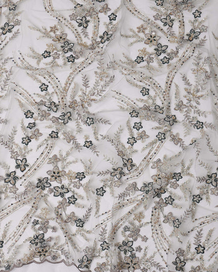 Gold and Black Floral Sequin & Thread Embroidered Nylon Tulle Fabric, 140 cm Width, Made in China-D26635