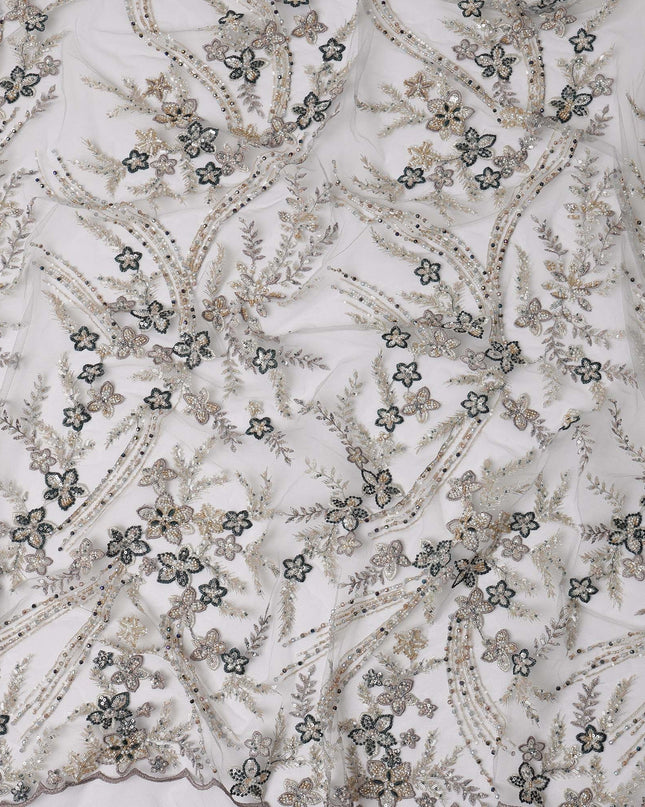 Gold and Black Floral Sequin & Thread Embroidered Nylon Tulle Fabric, 140 cm Width, Made in China-D26635