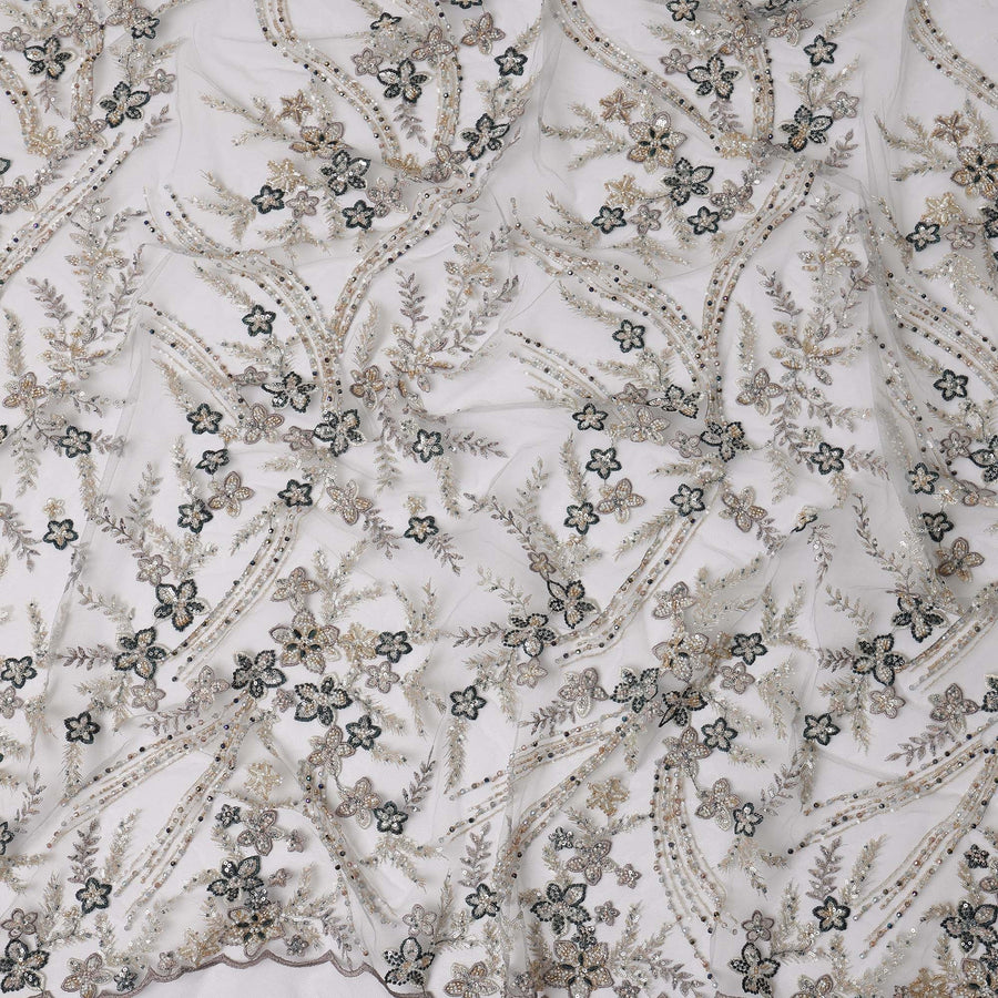 Gold and Black Floral Sequin & Thread Embroidered Nylon Tulle Fabric, 140 cm Width, Made in China-D26635