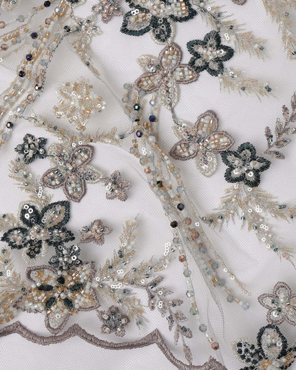 Gold and Black Floral Sequin & Thread Embroidered Nylon Tulle Fabric, 140 cm Width, Made in China-D26635