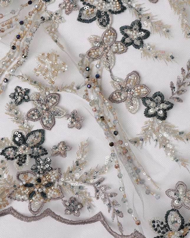 Gold and Black Floral Sequin & Thread Embroidered Nylon Tulle Fabric, 140 cm Width, Made in China-D26635