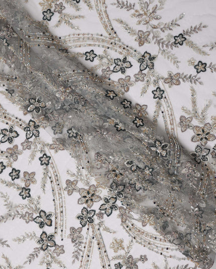 Gold and Black Floral Sequin & Thread Embroidered Nylon Tulle Fabric, 140 cm Width, Made in China-D26635