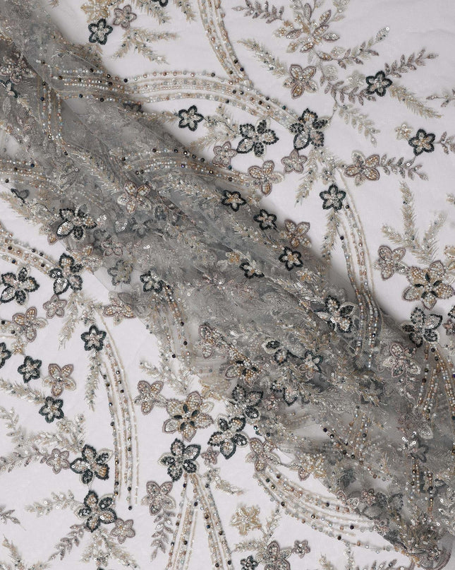 Gold and Black Floral Sequin & Thread Embroidered Nylon Tulle Fabric, 140 cm Width, Made in China-D26635
