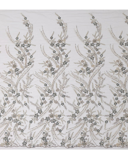 Gold and Black Floral Sequin & Thread Embroidered Nylon Tulle Fabric, 140 cm Width, Made in China-D26635