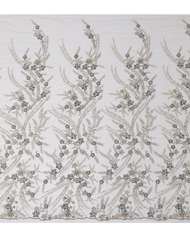 Gold and Black Floral Sequin & Thread Embroidered Nylon Tulle Fabric, 140 cm Width, Made in China-D26635