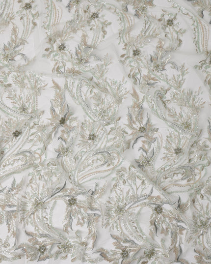 Ivory Multi-Tone Floral & Vine Sequin Embroidered Nylon Tulle Fabric, 140 cm Width, Made in China-D26631