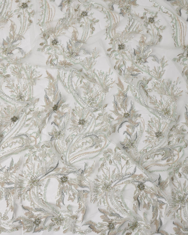 Ivory Multi-Tone Floral & Vine Sequin Embroidered Nylon Tulle Fabric, 140 cm Width, Made in China-D26631