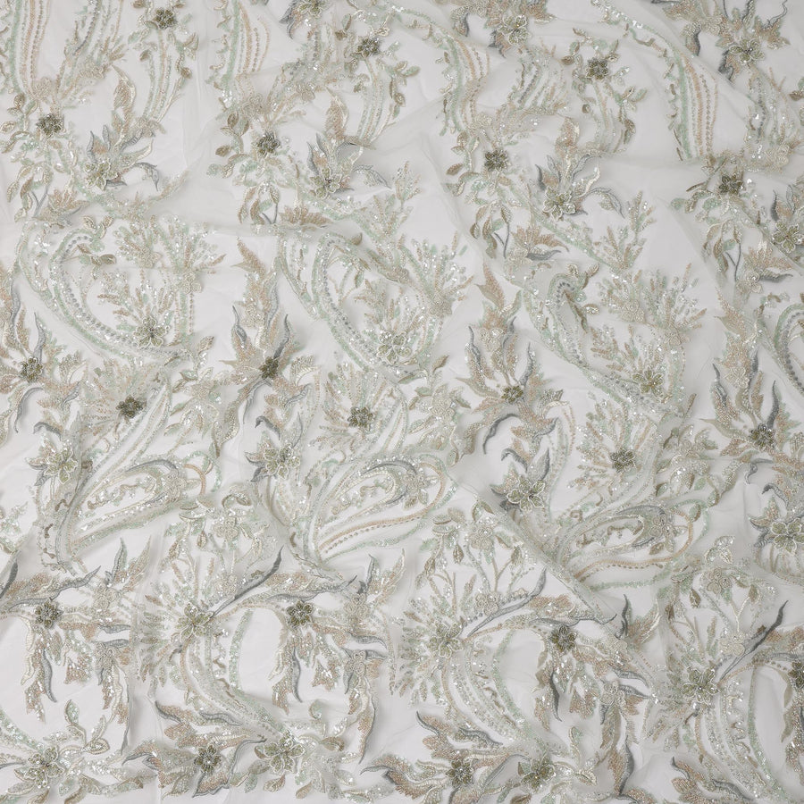 Ivory Multi-Tone Floral & Vine Sequin Embroidered Nylon Tulle Fabric, 140 cm Width, Made in China-D26631