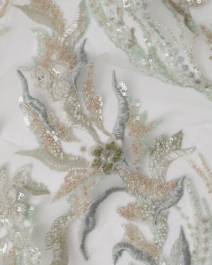 Ivory Multi-Tone Floral & Vine Sequin Embroidered Nylon Tulle Fabric, 140 cm Width, Made in China-D26631