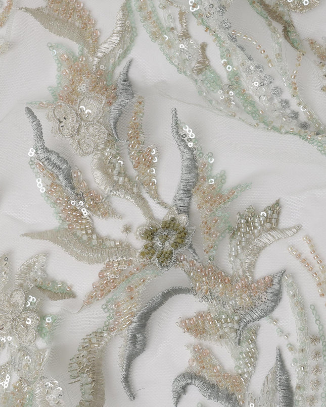 Ivory Multi-Tone Floral & Vine Sequin Embroidered Nylon Tulle Fabric, 140 cm Width, Made in China-D26631