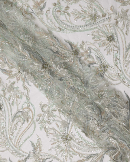 Ivory Multi-Tone Floral & Vine Sequin Embroidered Nylon Tulle Fabric, 140 cm Width, Made in China-D26631